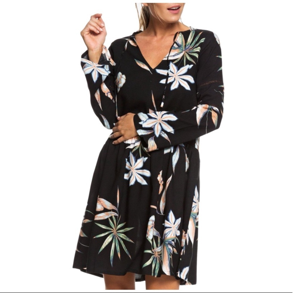 Roxy Floral Print Black Split Neck Shift Dress Boho Xs